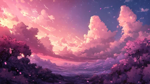 Luminous sunset clouds over pink blossom valley landscape.