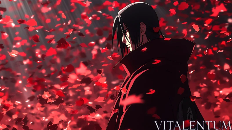 Solitary anime figure stands amid swirling crimson leaves.