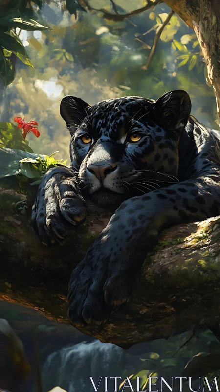 Black Leopard Repose: Golden-Eyed Predator in Dappled Forest Sanctuary.