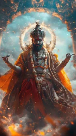 Divine warrior deity amid firelit clouds and radiant halo.