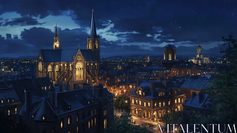Gothic city cathedral at night with warm urban lights.