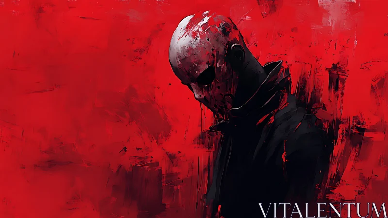 Masked figure in crimson abstraction with violent brushwork.