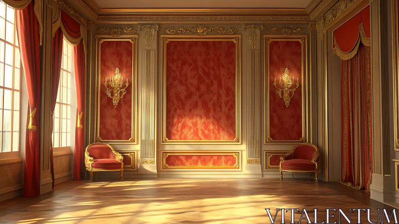 Sunlit neoclassical salon shows red panels and gilded trim