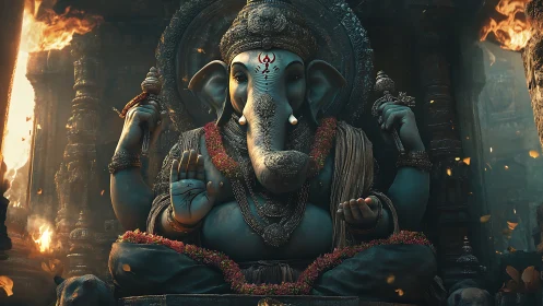 Majestic Ganesha idol in ornate temple with warm firelight.