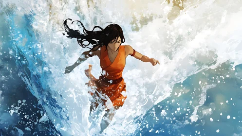 Dynamic heroine cutting through crashing ocean spray.