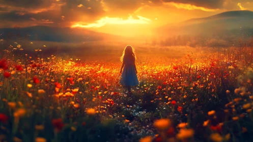 Digital painting of girl in sunset wildflower field panorama.