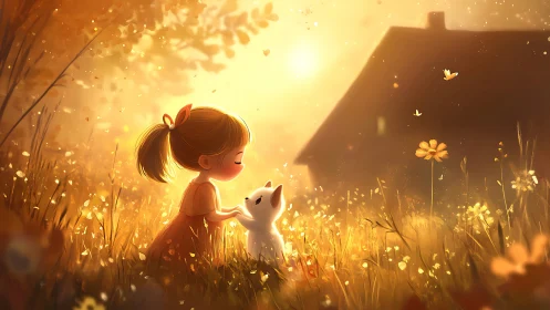 Golden meadow moment glows as a girl and cat share quiet joy