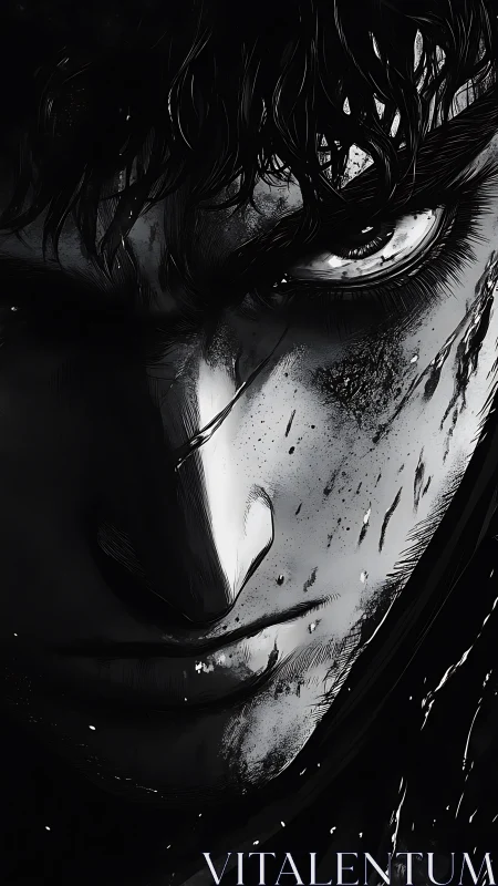 Brooding monochrome warrior portrait in extreme close-up.