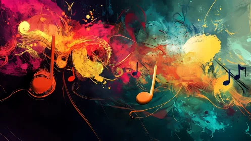 Musical note symbols overlay dynamic abstract color fields