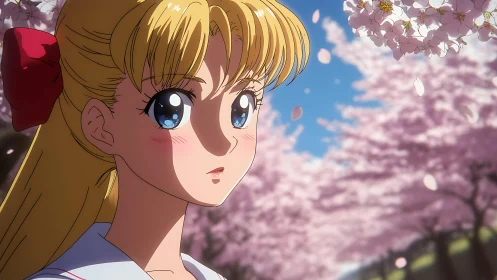 Springtime reflection under drifting cherry blossoms.