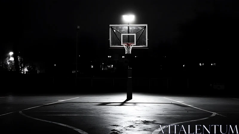 Outdoor basketball hoop stands under bright court floodlight