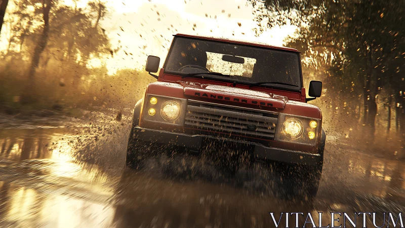 Red off road SUV powers through muddy water at high speed