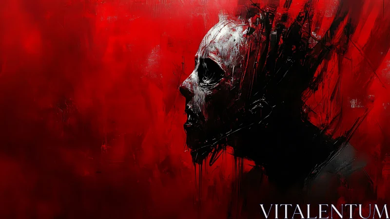 Tormented profile in crimson void, abstract horror study.