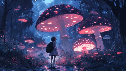 Glowing giant mushrooms guiding lone child through forest.