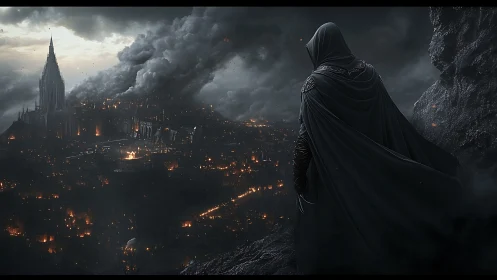 Hooded warlock surveys a burning gothic city in ashfall night.