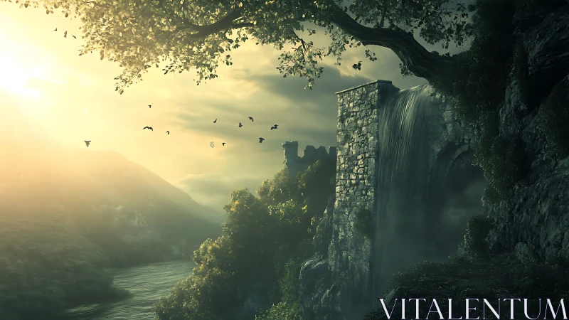 Sun-drenched ruin pours waterfalls into a misty valley.