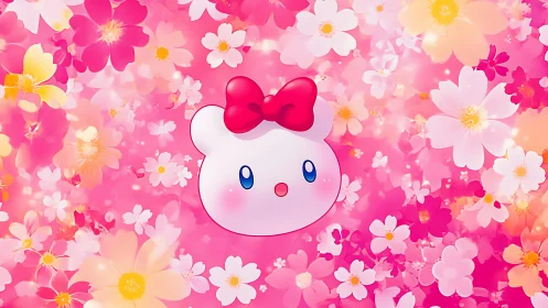 Bubble-cheeked bow bunny drifts through a candy blossom sky