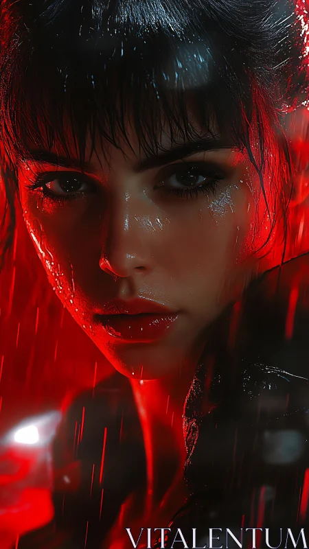 Rain‑lit cyber portrait of woman in vivid red glow.