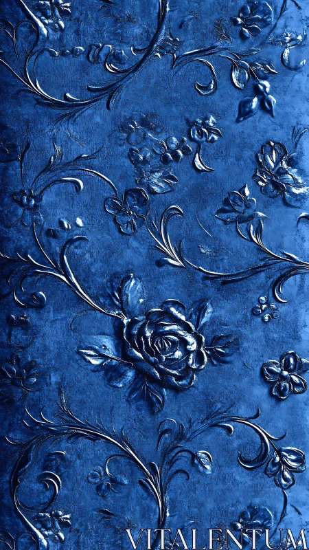 Embossed blue floral pattern shows metallic rose relief