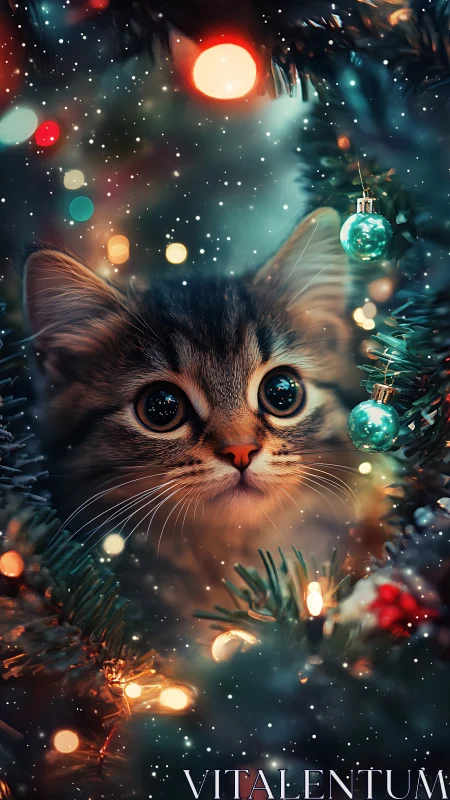 Tabby kitten positioned among illuminated tree branches.