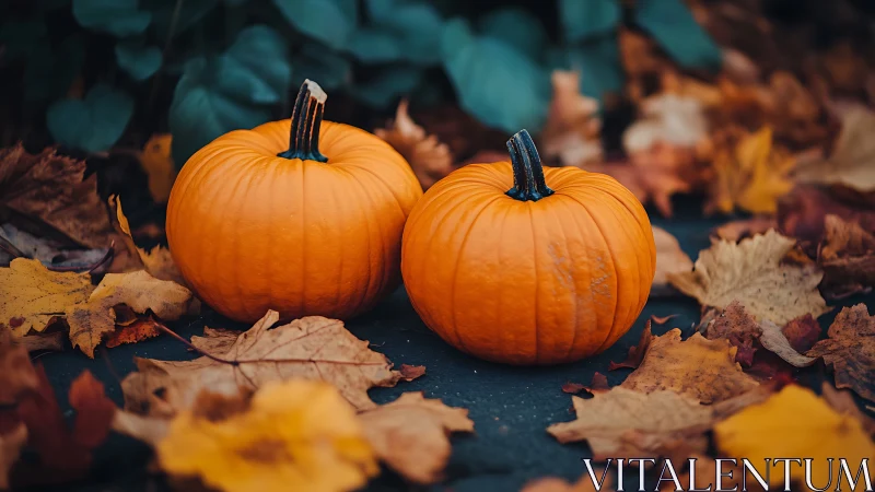 Dual mini pumpkins amid deciduous leaf litter in shallow focus.