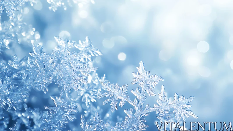 Macro snowflake crystals against soft winter bokeh field.