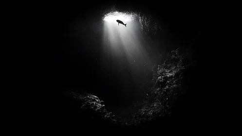 Subaquatic cavern void with silhouetted fish in volumetric rays.