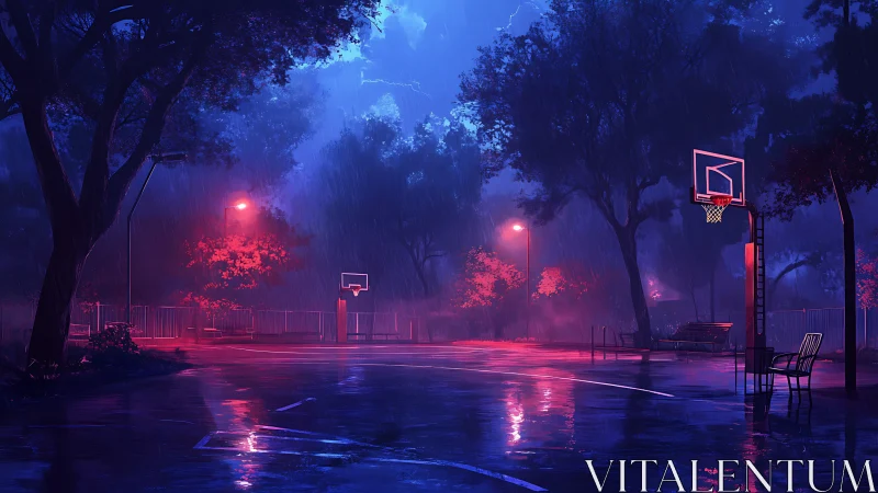 Neon-lit basketball court glows through midnight summer rain.