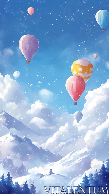 Color hot air balloons drift above snowy mountain valley.