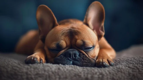 Sleeping French bulldog rests peacefully on soft blanket