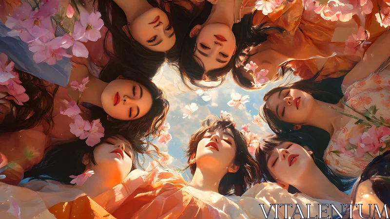 Circle of serene women resting amid drifting cherry blossoms.