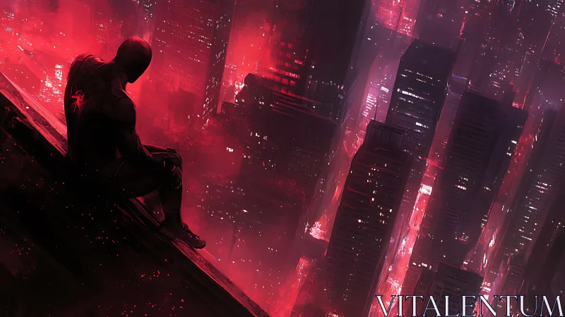 Solitary figure on ledge above dense red-lit cityscape.