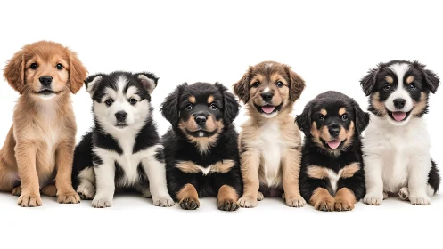 Row of six mixed-breed puppies sitting against white background