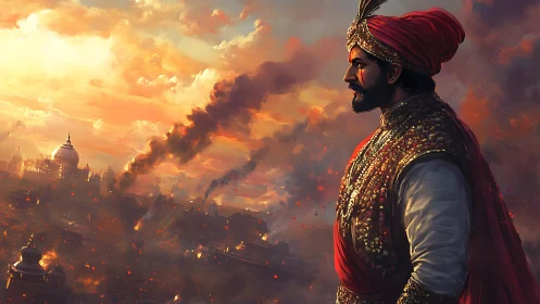 Profile view of armored ruler overlooking burning domed city