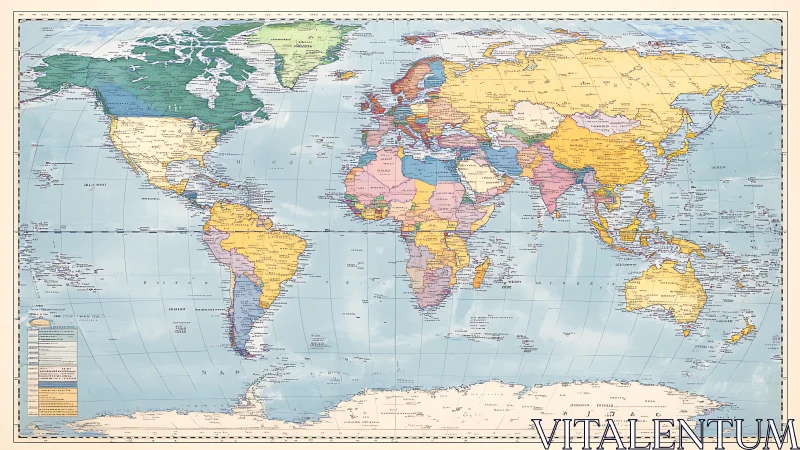 Vintage political world map with pastel landmasses and graticule.