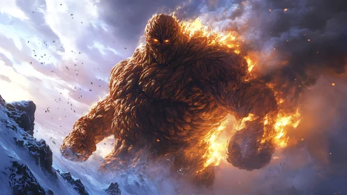 Molten mountain titan striding through a storm of fire.