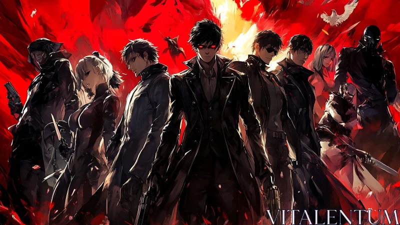 Group of armed anime fighters stands against red explosion