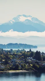 Photorealistic coastal townscape under layered alpine massif.