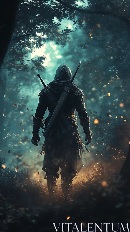 Hooded ranger with dual swords in volumetric forest light
