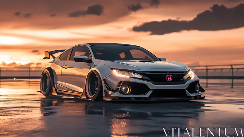 Sunset-soaked tuner rocket crouches low on a mirror-wet deck