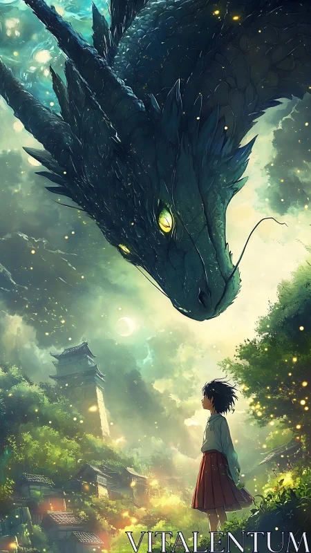 Girl stands beneath massive dragon above glowing village