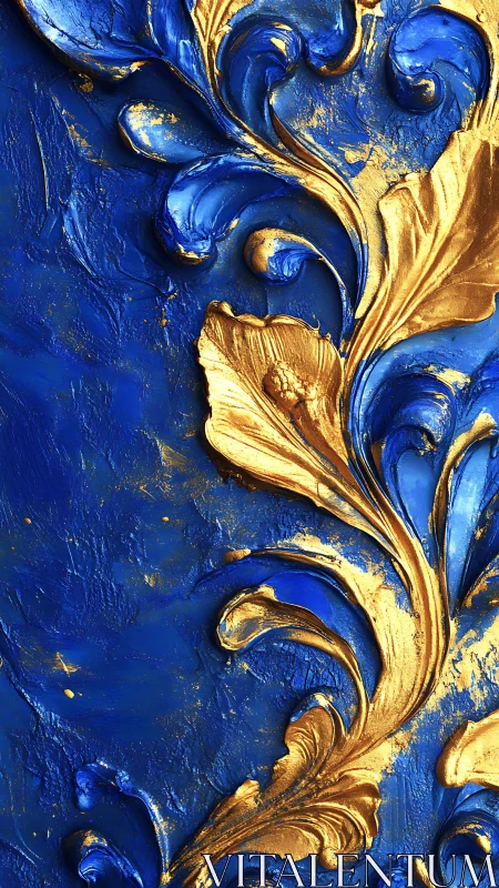Gold relief foliage overlays textured blue impasto surface