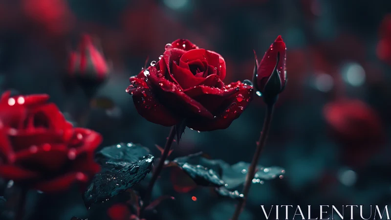 Crimson Rose Glistening Raindrops Dark Moody Garden.