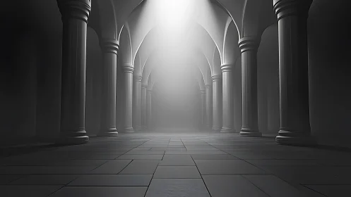 Monochrome vaulted colonnade dramatized by axial volumetric light