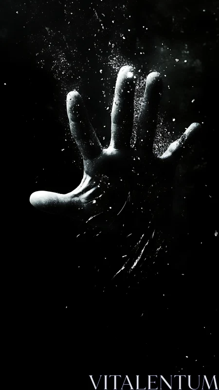 Hand silhouette reaches upward amid dispersed dust particles