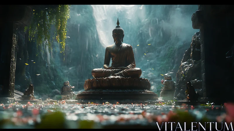 Golden Buddha statue glows serenely in misty jungle shrine