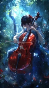 Cellist plays in a dreamlit forest of swirling blue light