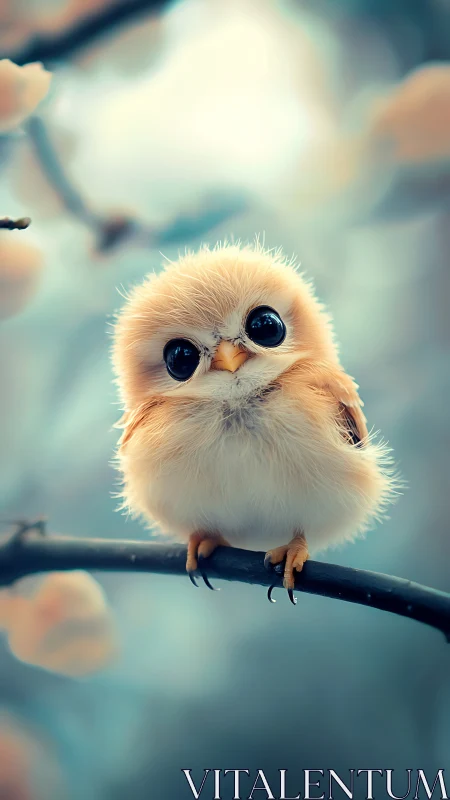 Small fluffy bird with large eyes perches on thin branch
