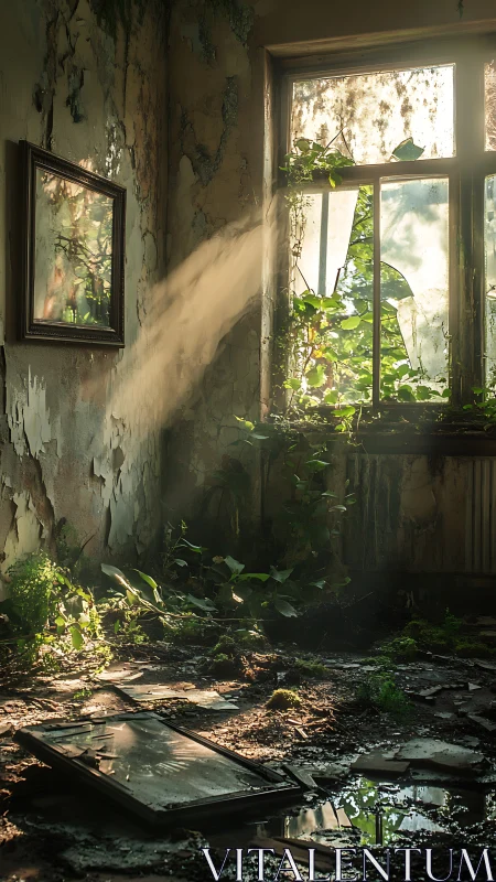 Sunlit ruin where wild greenery patiently reclaims silence.