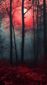 Crimson Forest Clearing: Silhouetted Trees Against Luminous Sunset